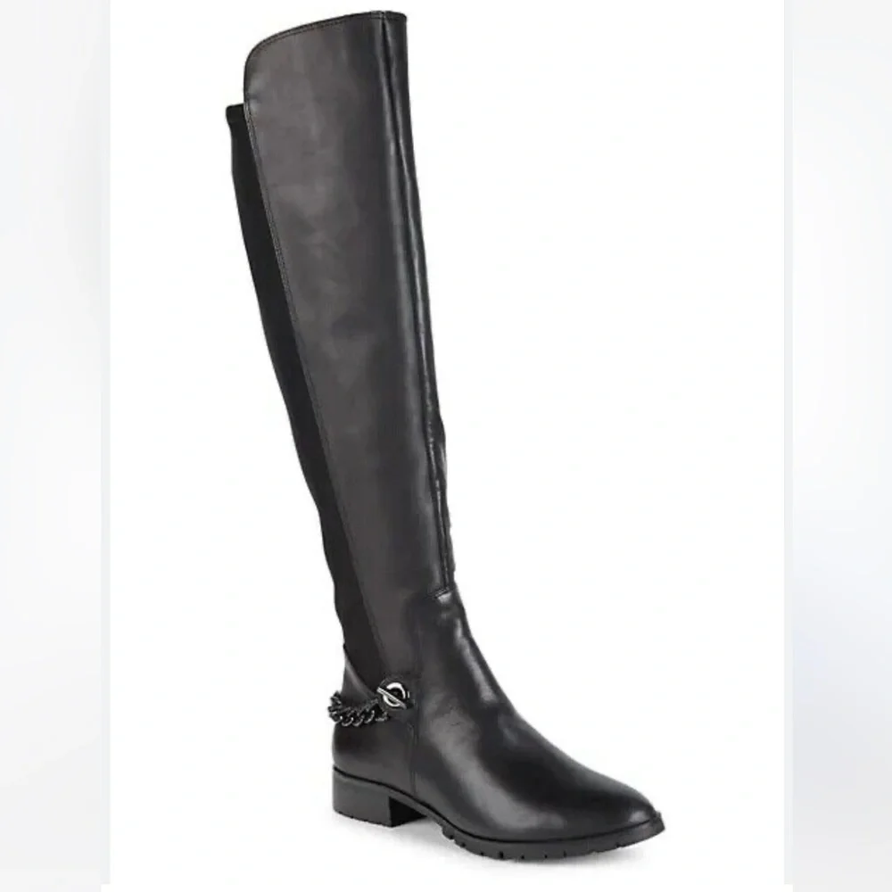 KARL LAGERFELD Paris Shay Leather Textile Chain Over-The-Knee Boots Sz 8 M NWOB